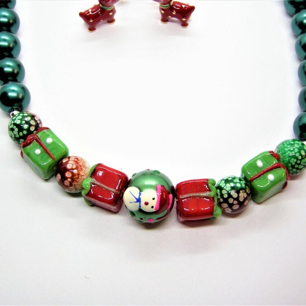 Handcrafted Glass Bead Christmas Necklace with Reindeer Earrings Set - Picture 2 of 12